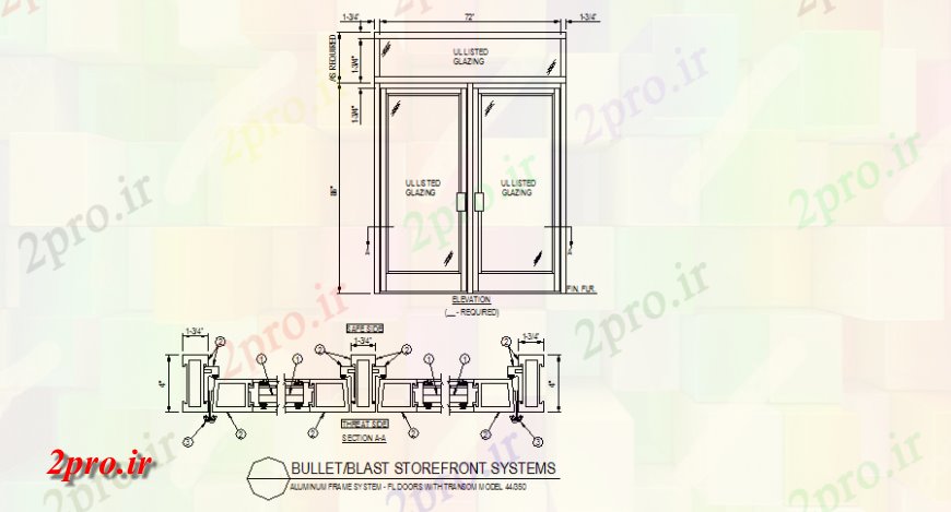 دانلود نقشه جزئیات طراحی در و پنجره  انفجار گلوله از فروشگاه درب نما جزئیات مقابل و برنامه ریزی (کد143108)