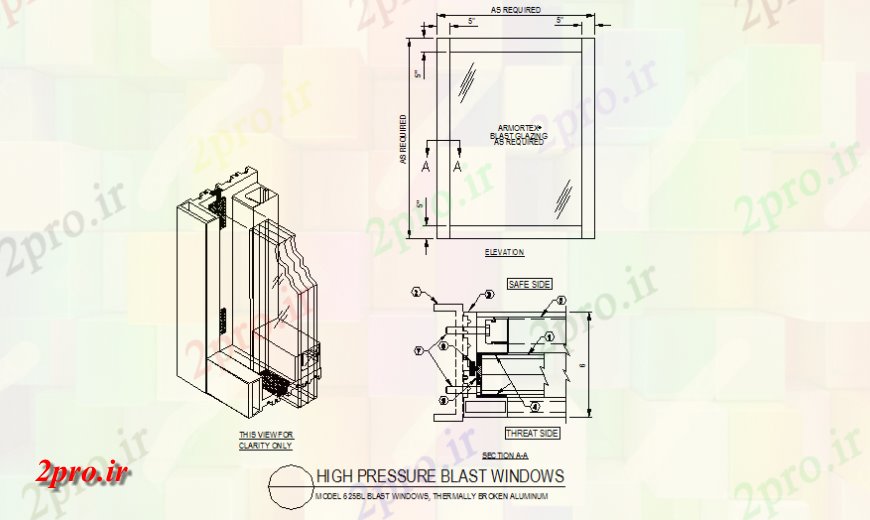 دانلود نقشه جزئیات طراحی در و پنجره  طرحی پنجره انفجار جزئیات فشار بالا و نما (کد143110)