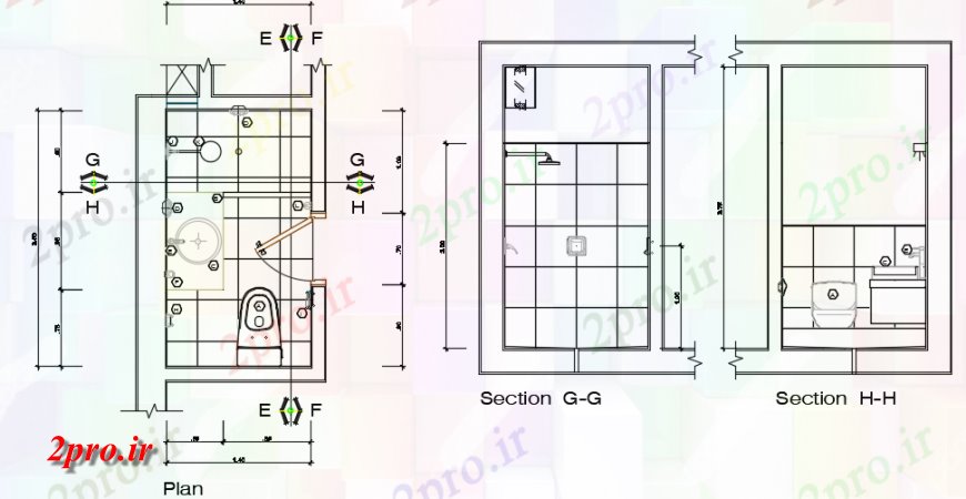 دانلود نقشه حمام مستر حمام جزئیات نما جلو مقطعی (کد143172)