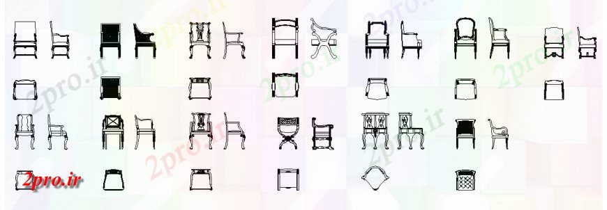 دانلود نقشه بلوک مبلمان انواع مختلف طرحی صندلی، نما و دیدگاه صندلی جانبی مشخصات مجموعه در طراحی های  (کد143225)