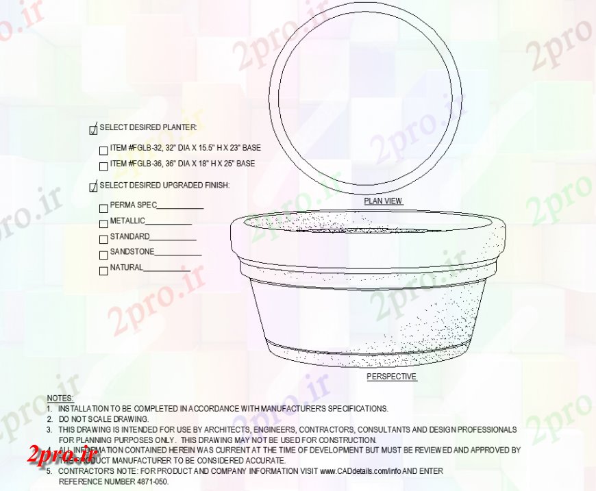 دانلود نقشه درختان و گیاهان طرحی گلدان گرد با جزئیات (کد143321)