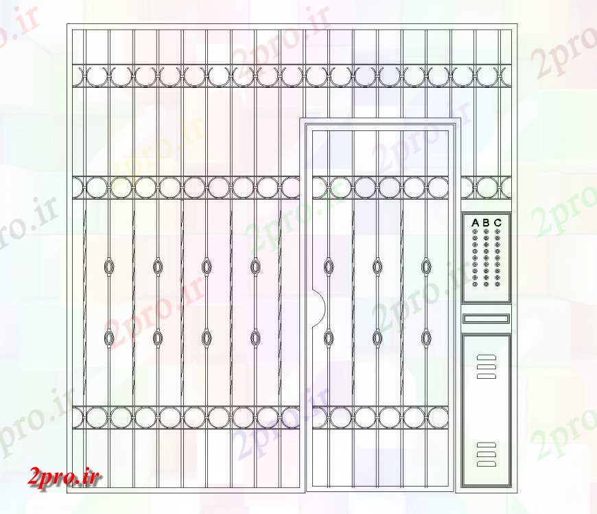 دانلود نقشه جزئیات طراحی در و پنجره  دروازه ورودی امنیت با دستگاه مخابره داخل ساختمان  (کد143338)