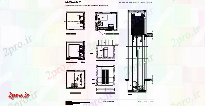 دانلود نقشه  جزئیات آسانسور و   طرحی  و نظر طراحی نما با بالا و پایین موقعیت (کد143375)