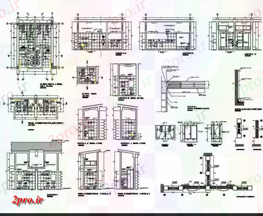 دانلود نقشه حمام مستر طرحی توالت، نما و بخش  (کد143586)