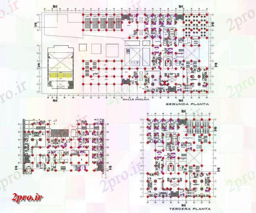 دانلود نقشه ساختمان اداری - تجاری - صنعتی طبقه همکف به طبقه تراس طرحی دفتر 33 در 42 متر (کد143832)