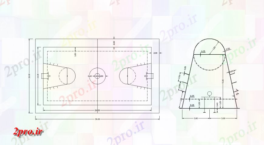 دانلود نقشه ورزشگاه ، سالن ورزش ، باشگاه طرحی سبد توپ و نمای جانبی با 18 در 30 متر (کد143846)