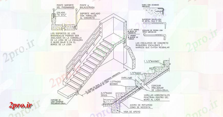 دانلود نقشه جزئیات پله و راه پله   نمای ایزومتریک از پله با نما مقطعی با نمای بتن با مشخصات ساخت و ساز (کد144152)