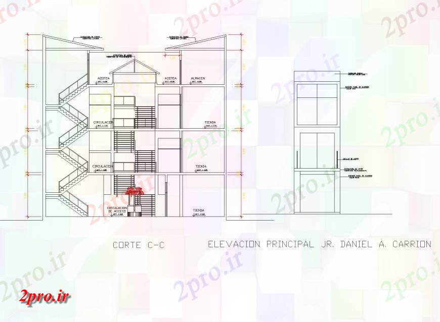 دانلود نقشه ساختمان اداری - تجاری - صنعتی جزئیات ساختمان تجاری نما 13 در 40 متر (کد144208)