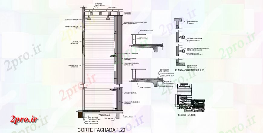 دانلود نقشه طراحی جزئیات ساختار مرکز شرکت ساخت و ساز بخش  با آلومینیوم نرده های طراحی با ساختار   (کد144224)