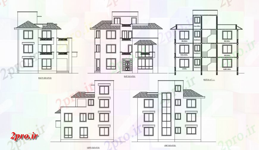 دانلود نقشه مسکونی  ، ویلایی ، آپارتمان  طراحی خانه با نمای جلو با دید مقطعی و شمال و طراحی سمت جنوب (کد144613)