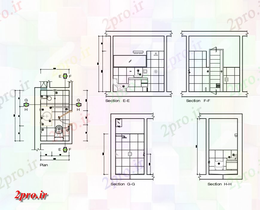 دانلود نقشه حمام مستر حمام همه طرفه مقطعی و طرحی جزئیات  (کد144770)