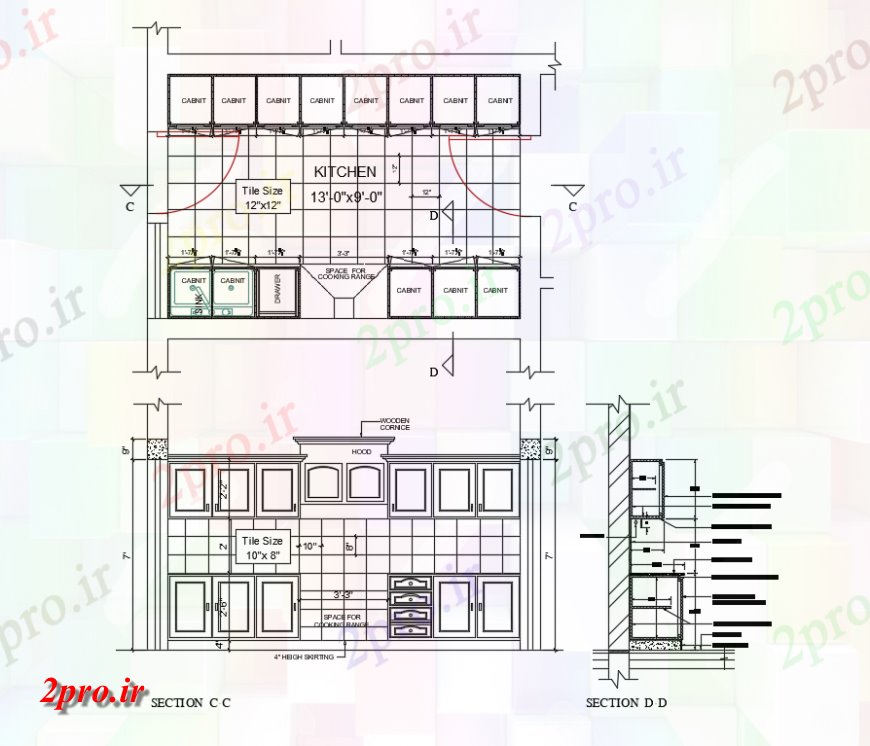 دانلود نقشه آشپزخانه گالری آشپزخانه طرحی و بخش جزئیات با  داخلی (کد144774)