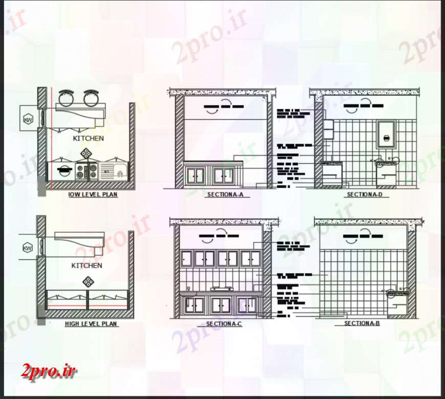 دانلود نقشه آشپزخانه جزئیات طرحی آشپزخانه چربی معمولی مدرن با طرحی و بخش های  (کد144884)