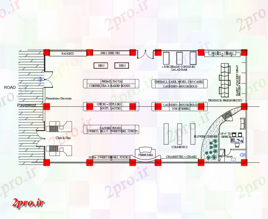 دانلود نقشه نمایشگاه ; فروشگاه - مرکز خرید طرحی مواد غذایی از فروشگاه معماری طرحی جزئیات 13 در 23 متر (کد144925)