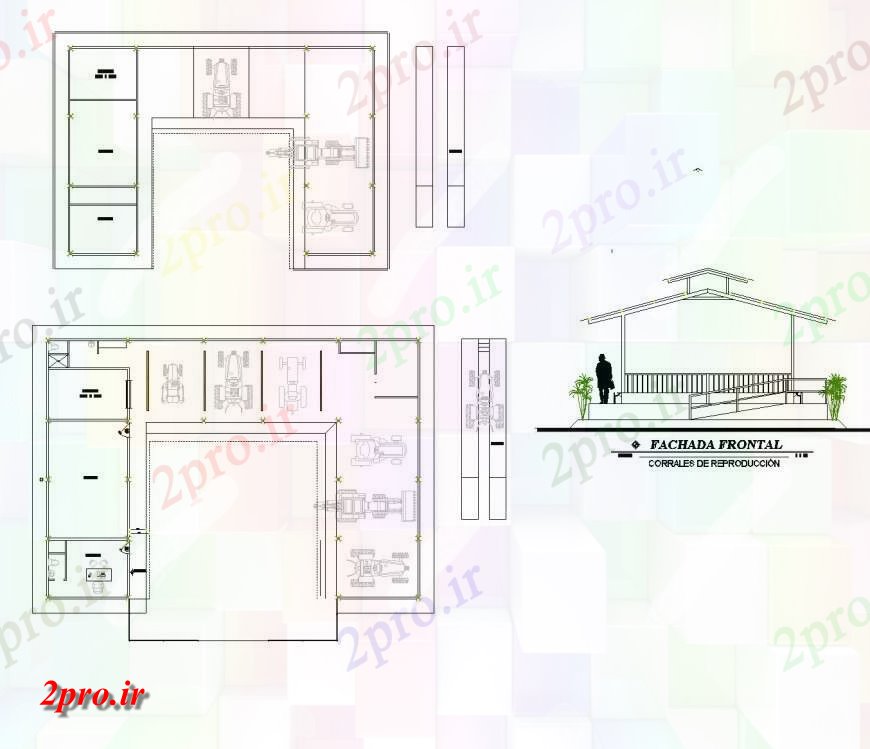 دانلود نقشه ساختمان اداری - تجاری - صنعتی نما جلو مرکز مکانیزه کشاورزی 7 در 27 متر (کد145190)