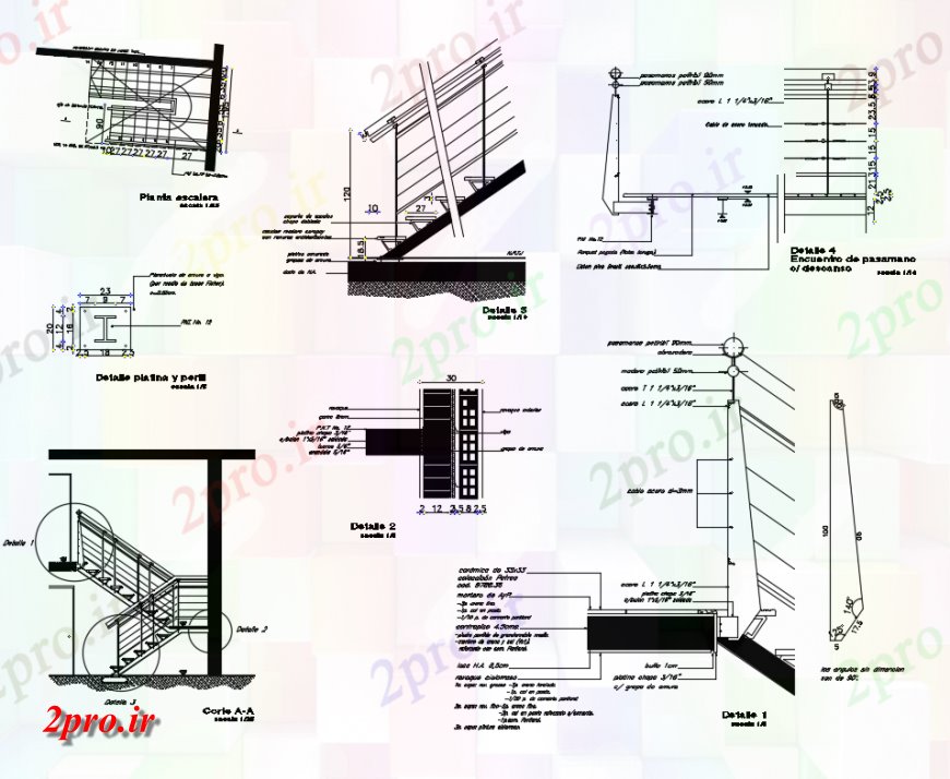 دانلود نقشه جزئیات پله و راه پله   راه پله جزئیات سازنده و مقطعی از ساخت (کد145226)