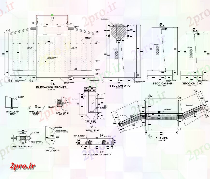 دانلود نقشه جزئیات پله و راه پله  پرتو صفحات بتونی پل طرحی  (کد145326)