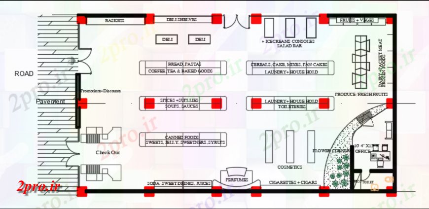 دانلود نقشه هایپر مارکت - مرکز خرید - فروشگاه مواد غذایی چیدمان فروشگاه 13 در 24 متر (کد145365)