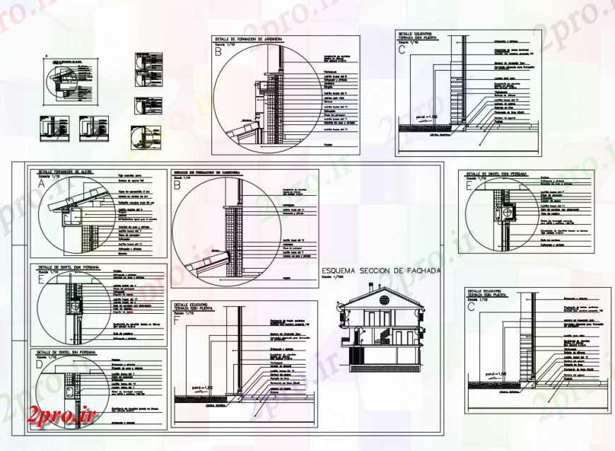دانلود نقشه جزئیات پله و راه پله  جزئیات سنگ سردر پنجره ها و پیش امدگی لبه بام تشکیل جزئیات سازنده  (کد145760)