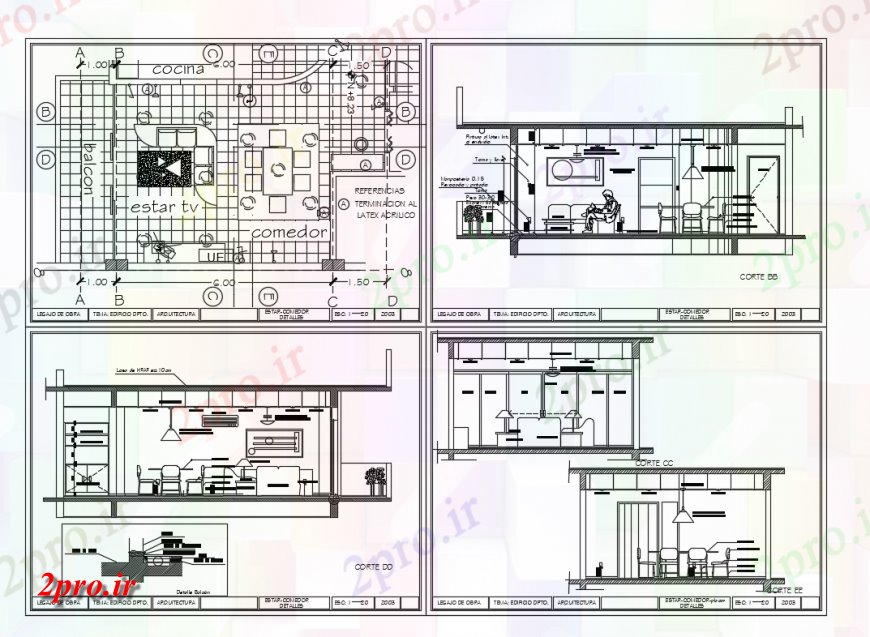 دانلود نقشه اتاق نشیمن ، حال ، پذیرایی زندگی طرحی چیدمان اتاق با مبلمان و جزئیات داخلی 5 در 7 متر (کد145791)