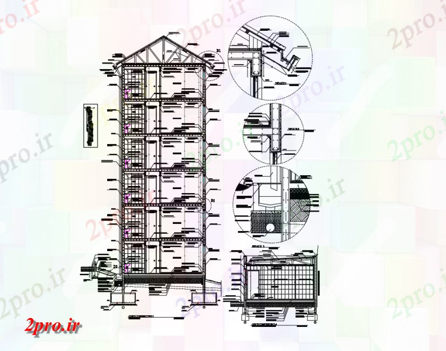 دانلود نقشه مسکونی  ، ویلایی ، آپارتمان  آپارتمان جزئیات خانه ساختمان با هفت طبقه  (کد145893)
