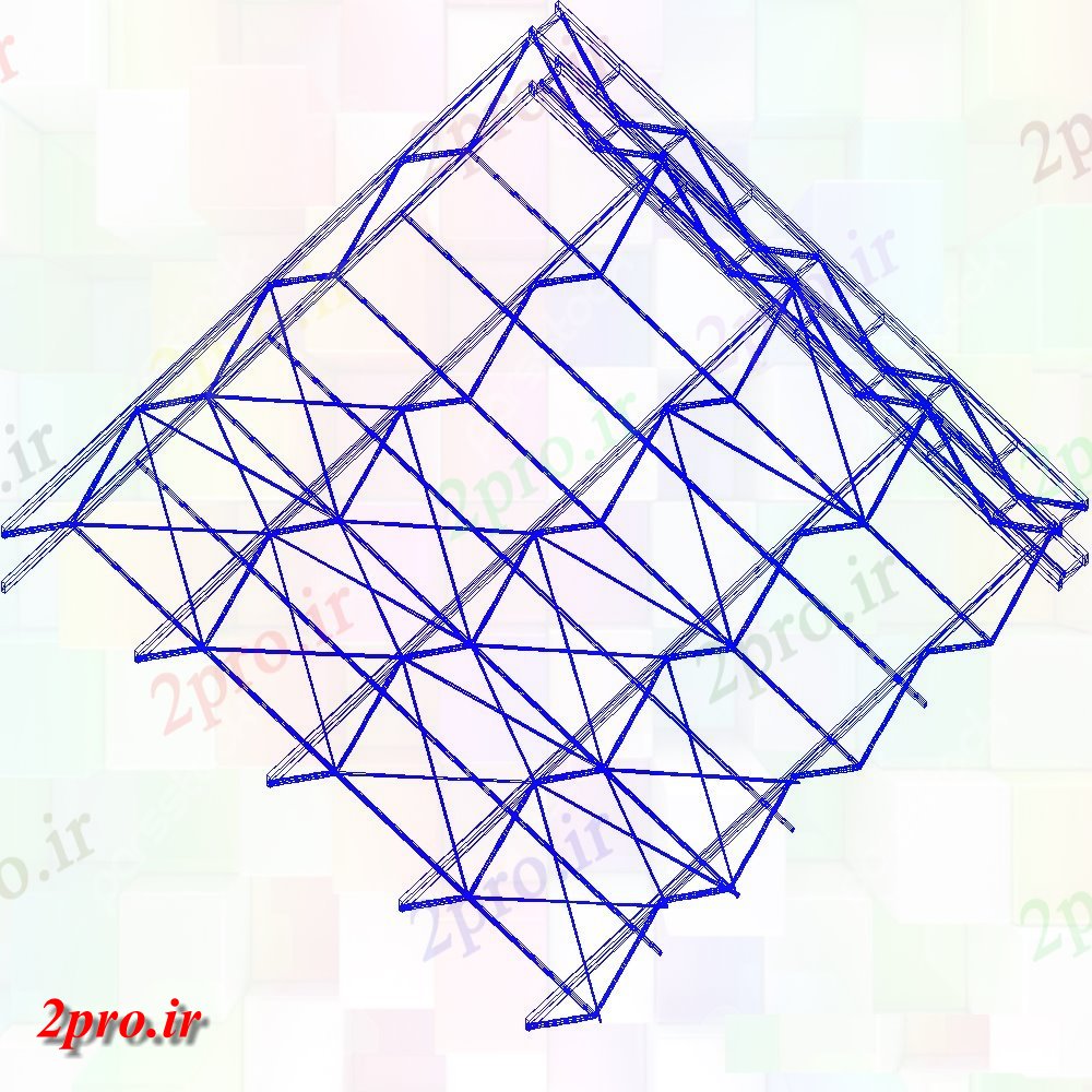 دانلود نقشه قالب اسکلت فلزی  نمای ایزومتریک از سقف با نمای منطقه خرپا با ساختار فولاد    (کد145904)