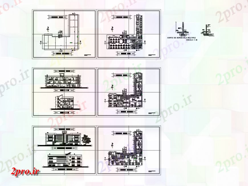 دانلود نقشه ساختمان اداری - تجاری - صنعتی چند طبقه ساختمان اداری نما، بخش و طراحی طبقه جزئیات 11 در 25 متر (کد146247)