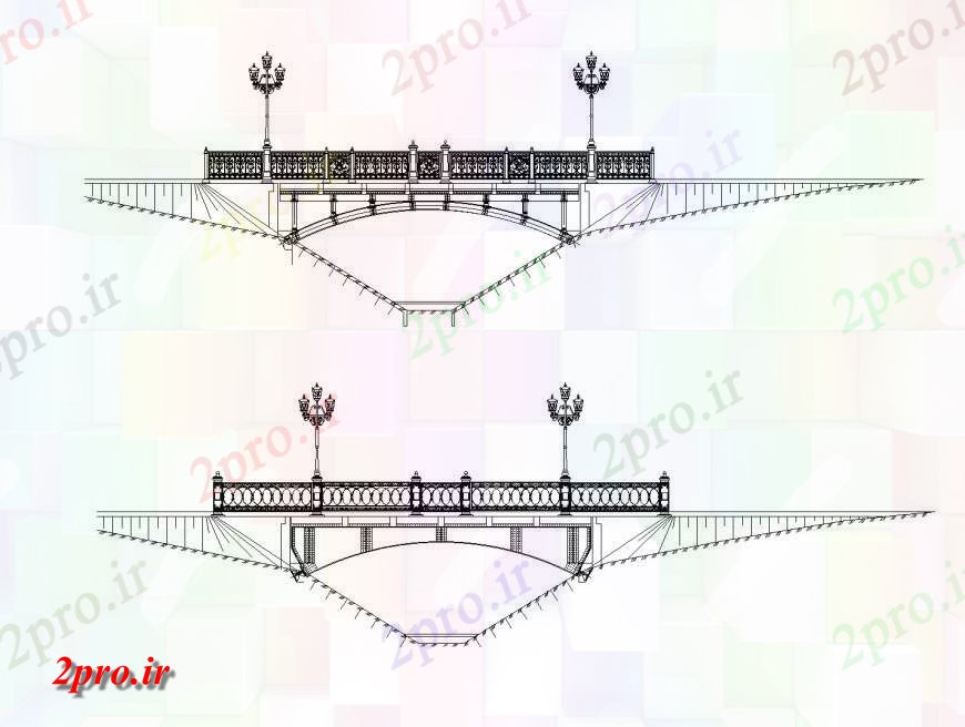 دانلود نقشه جزئیات ساخت پل پل با چراغ های خیابانی نما  (کد146316)