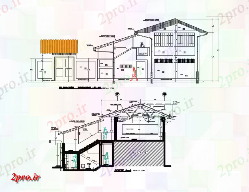 دانلود نقشه مسکونی  ، ویلایی ، آپارتمان  نما سقف و جلو خانه و تماس جزئیات مقطعی  (کد146528)