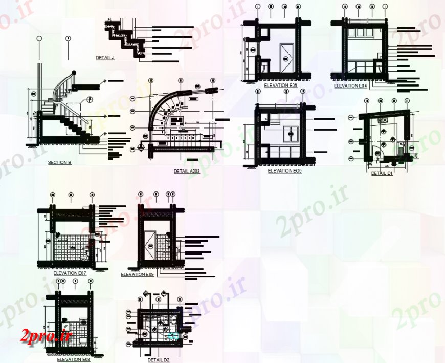 دانلود نقشه مسکونی  ، ویلایی ، آپارتمان  خانواده تنها نما خانه برش و برش جزئیات مقطعی با راه پله ها و بهداشتی (کد146581)