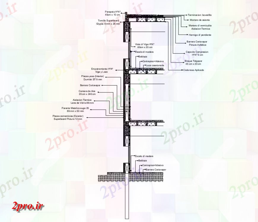 دانلود نقشه طراحی جزئیات ساختار نمای دیوار جلو مقطع  طرحی جزئیات (کد146794)