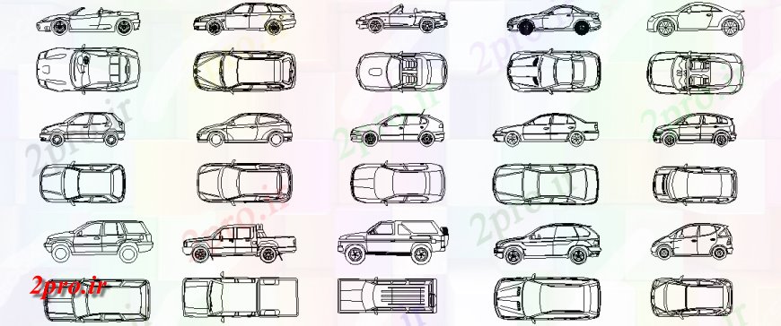 دانلود نقشه بلوک وسایل نقلیه طرحی و نما اندازه و الگوی خودرو ماشین بلوک های مختلف (کد146996)