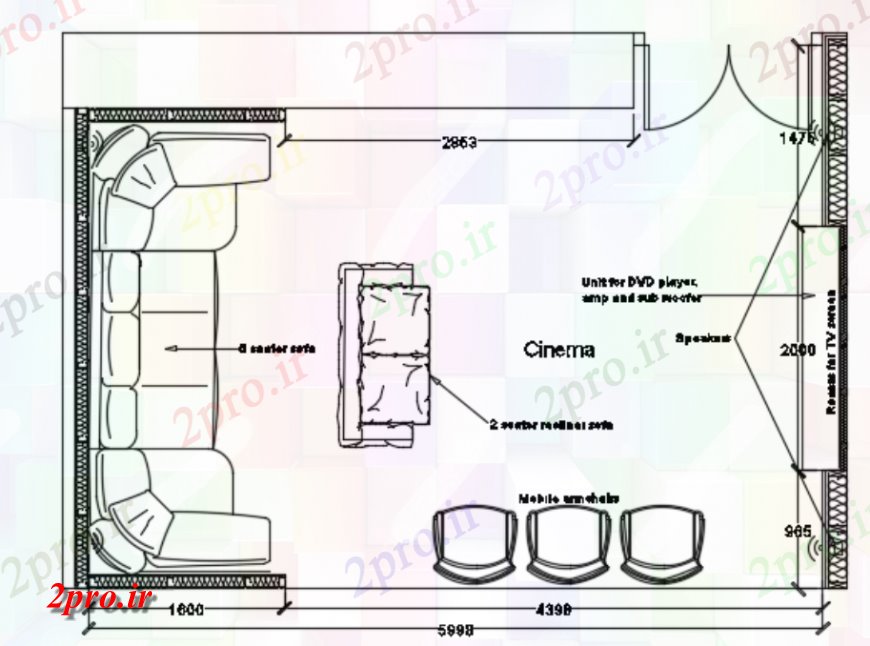 دانلود نقشه تئاتر چند منظوره - سینما - سالن کنفرانس - سالن همایشسینما زیرزمین طراحی نمای بالا 4 در 6 متر (کد147140)
