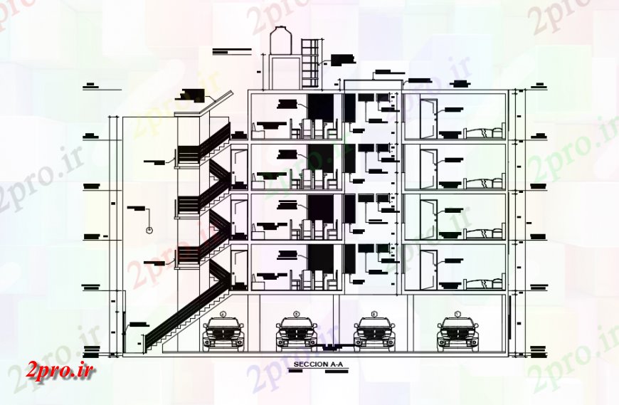 دانلود نقشه ساختمان اداری - تجاری - صنعتی نما مقطعی جلوی یک ساختمان 10 در 20 متر (کد147166)