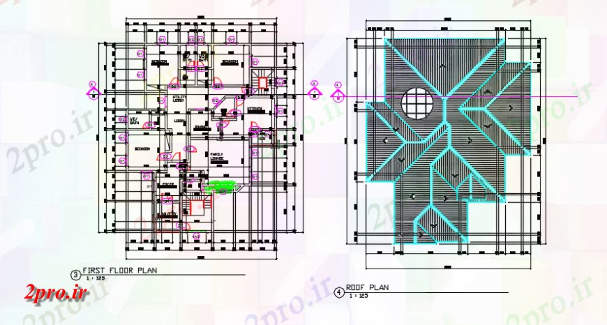 دانلود نقشه ساختمان اداری - تجاری - صنعتی طبقه اول معماری و سقف plan جزئیات 17 در 21 متر (کد147173)