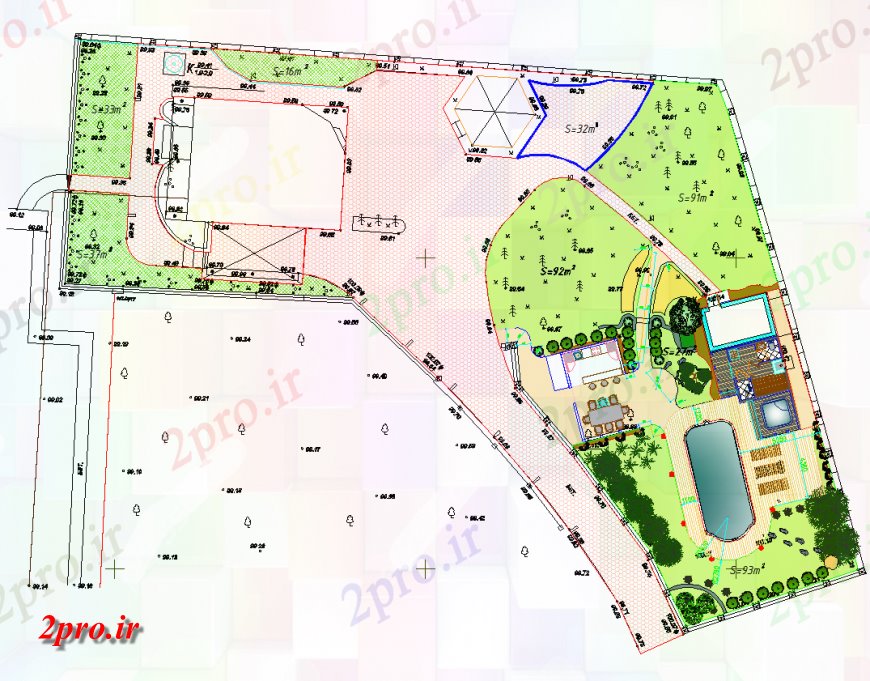 دانلود نقشه باغ محوطه سازی بازی جزئیات نما زمین و برنامه ریزی چیدمان 10 در 24 متر (کد147196)