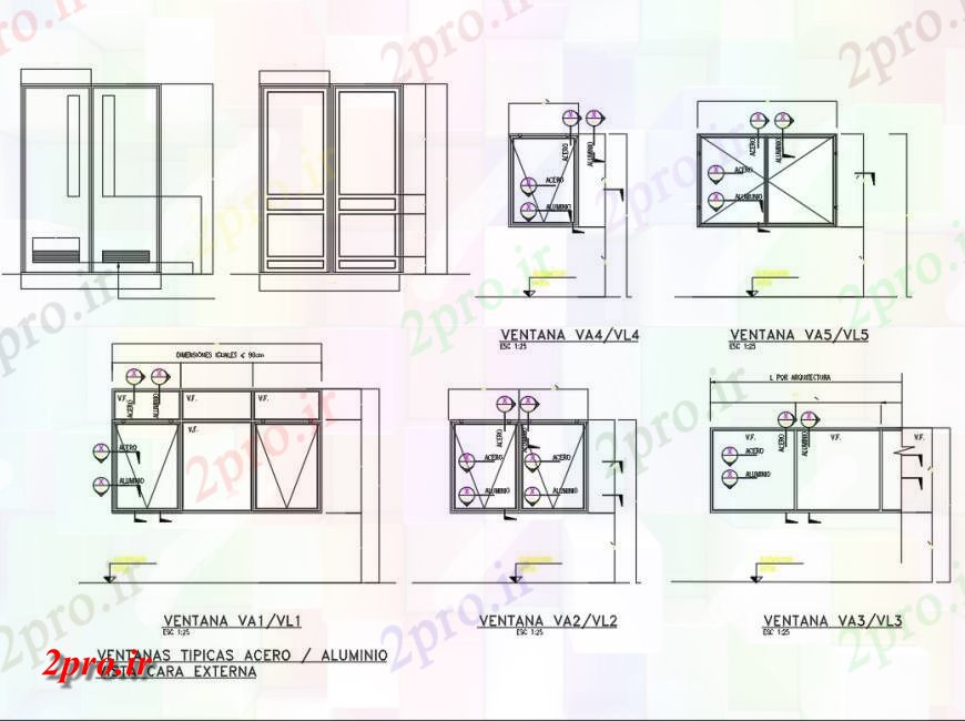 دانلود نقشه جزئیات طراحی در و پنجره  نمونه فولاد پنجره ها و نمای بیرونی آلومینیوم (کد147636)