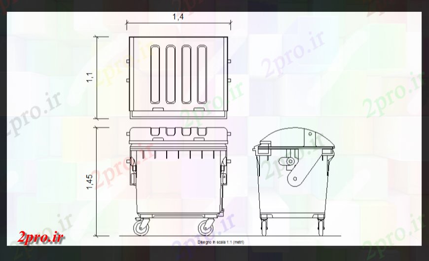 دانلود نقشه بلوک ، آرام ، نماد زباله جعبه طرح، نما و نمای جانبی (کد147711)