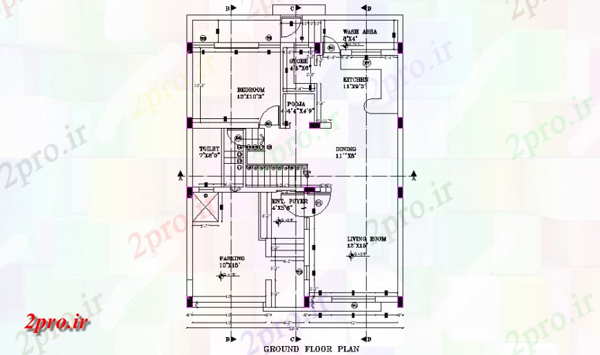 دانلود نقشه مسکونی  ، ویلایی ، آپارتمان  طبقه همکف یک خانواده  طرحی خانه  (کد147799)