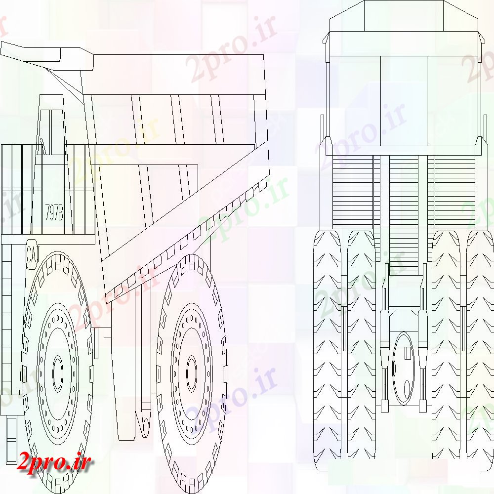 دانلود نقشه بلوک وسایل نقلیه کاترپیلار 797 B نما بلوک خودرو و دید عقب (کد147810)