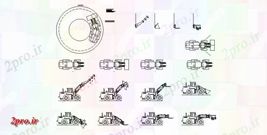 دانلود نقشه بلوک وسایل نقلیه کاترپیلار آن طرحی 38 F و نما با مساحت دایره   (کد147812)