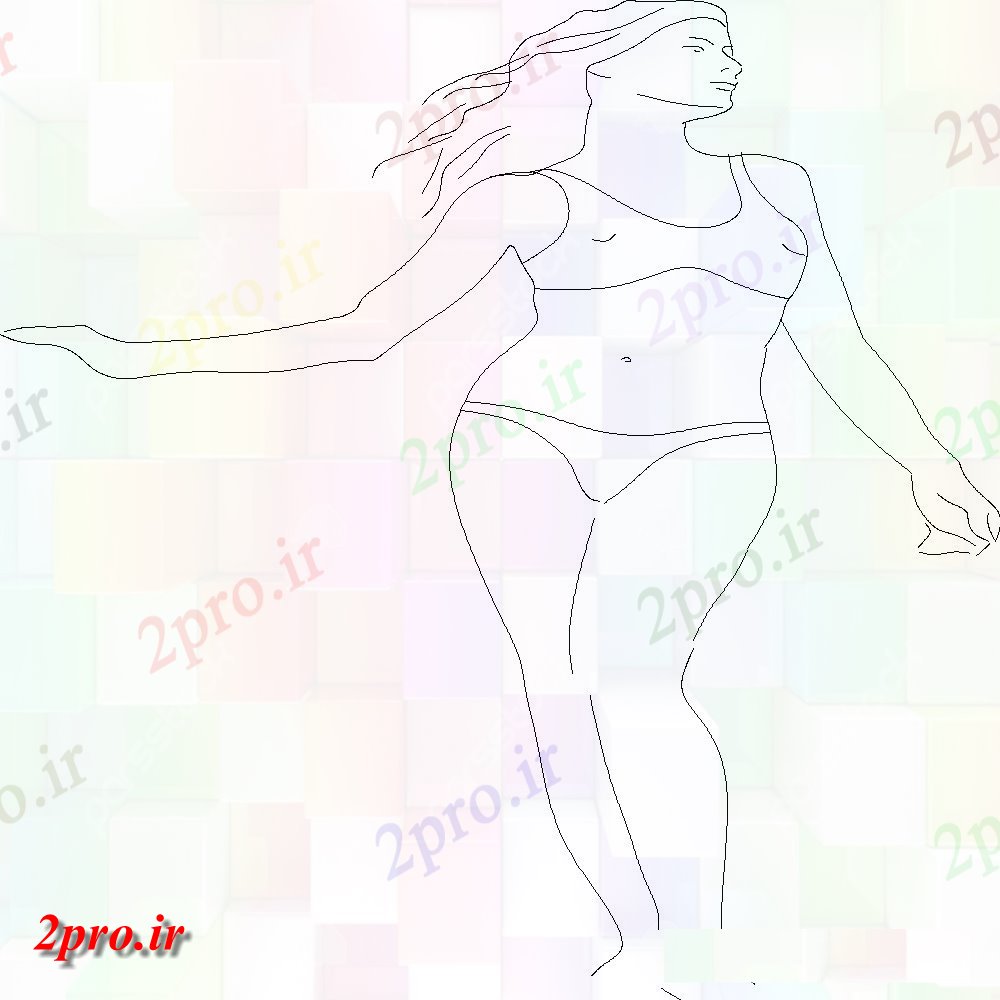 دانلود نقشه بلوک افراد مدل در لباس شنای زنانه دوتکه مدرن در حالت ایستاده با سبک (کد147971)