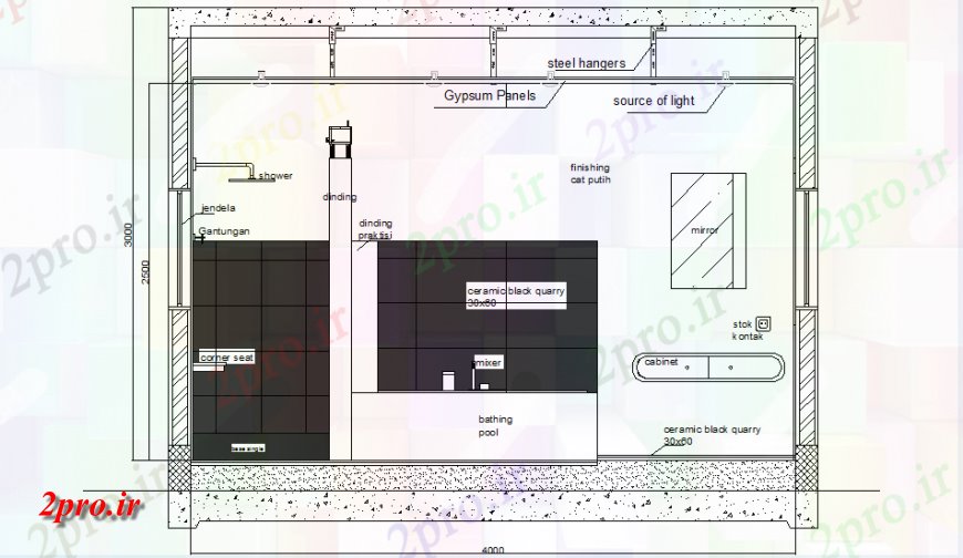 دانلود نقشه حمام مستر بخش طرحی شیب حمام 6 در 10 متر (کد148018)