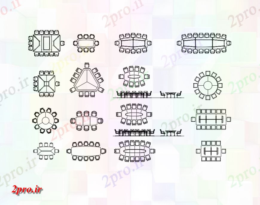دانلود نقشه بلوک مبلمان میزهای اتاق جلسات متعدد و صندلی  طراحی  جداول  (کد148361)