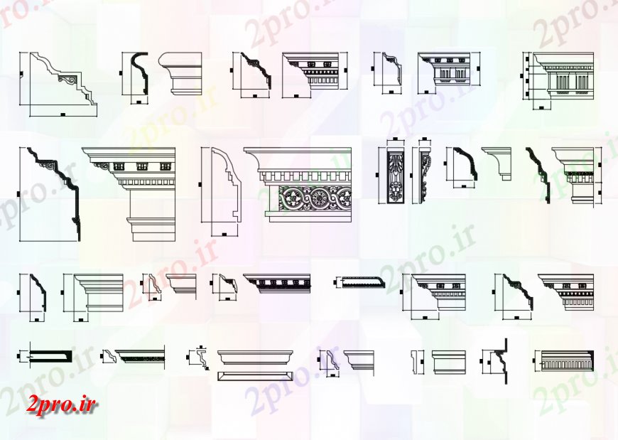 دانلود نقشه بلوک ، آرام ، نماد پیش امدگی لبه بام های متعدد و گچ سفید قالب طرحی بلوک های  برای سقف (کد148470)