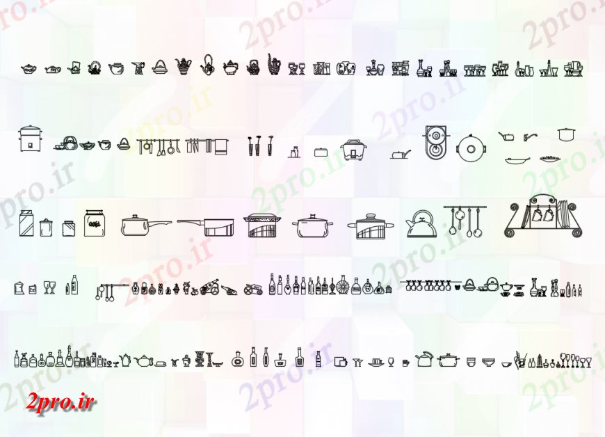 دانلود نقشه بلوک ، آرام ، نماد ظروف یکبار مصرف آشپزخانه بلوک های پویا چندین (کد148616)