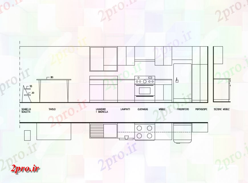 دانلود نقشه آشپزخانه آشپزخانه داخلی طراحی مقطعی جزئیات (کد148620)