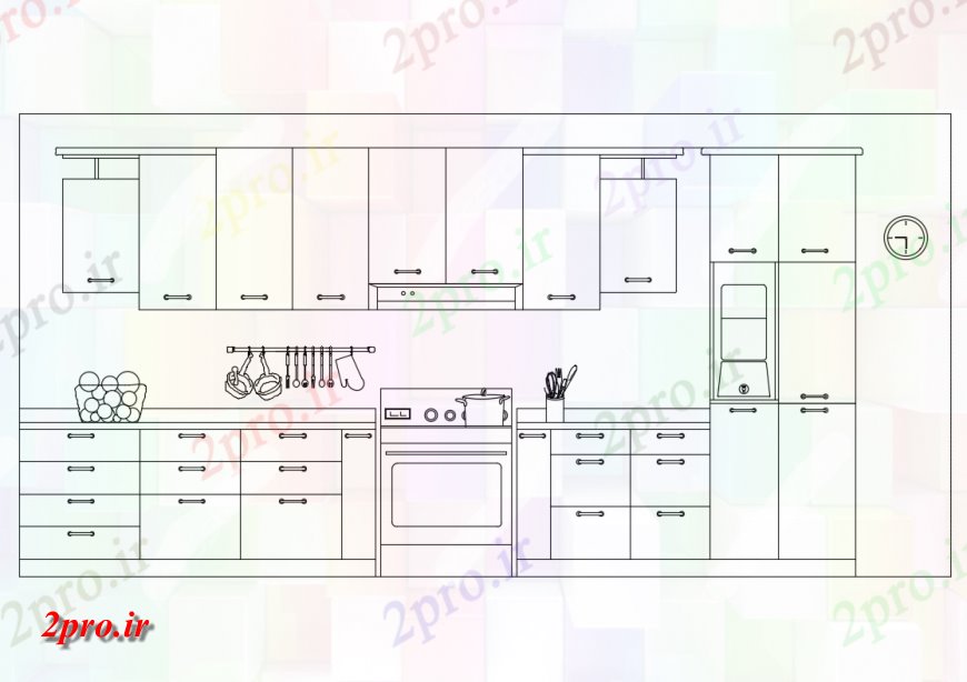 دانلود نقشه آشپزخانه چشم انداز طراحی نمای جلویی داخلی آشپزخانه با ظروف یکبار مصرف  (کد148621)