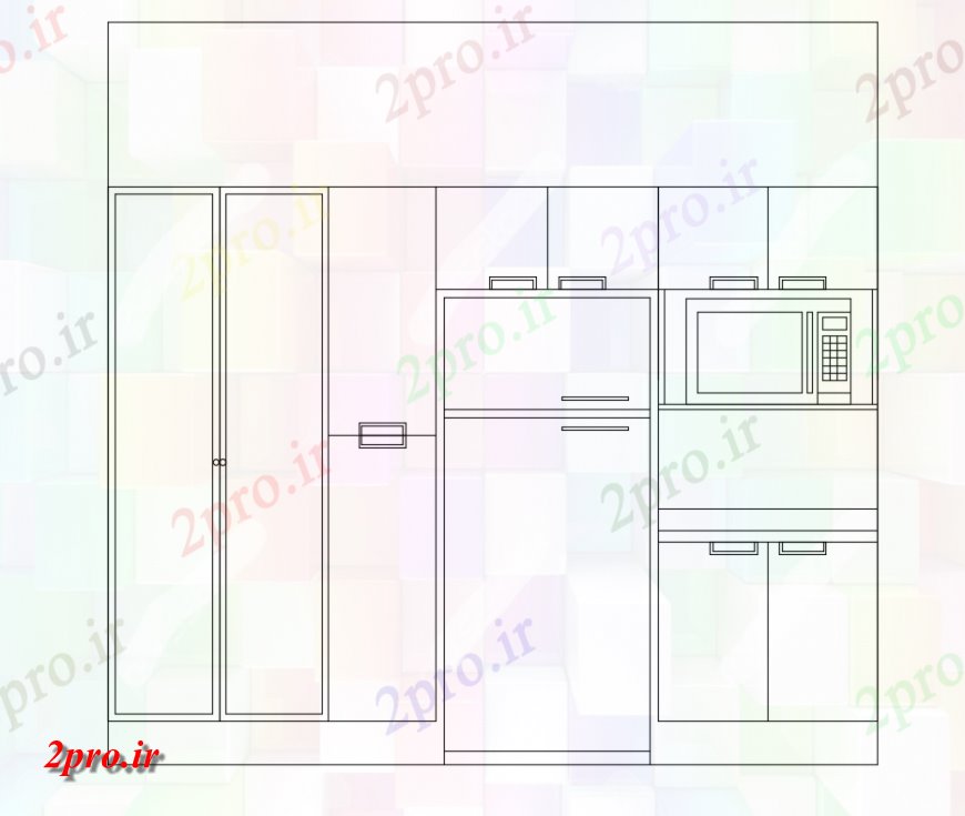 دانلود نقشه آشپزخانه جزئیات مقطعی آشپزخانه با فضای داخلی با الکترونیک و مبلمان جزئیات (کد148624)