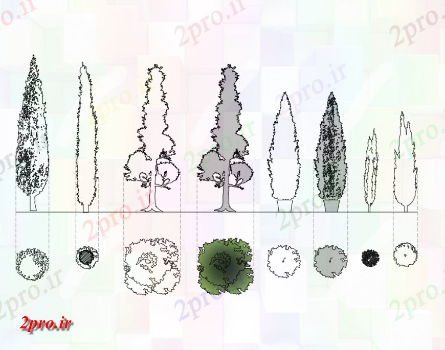 دانلود نقشه درختان و گیاهان درختان باغ  های متعدد و گیاهان  بلوک جزئیات  (کد148646)